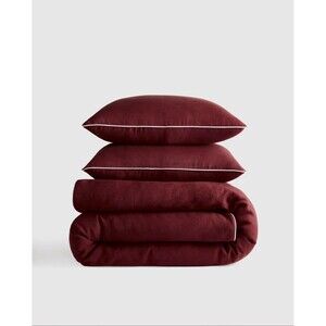 Quince European Linen Piped Duvet Cover Set Full Queen Burgundy White NWT $184